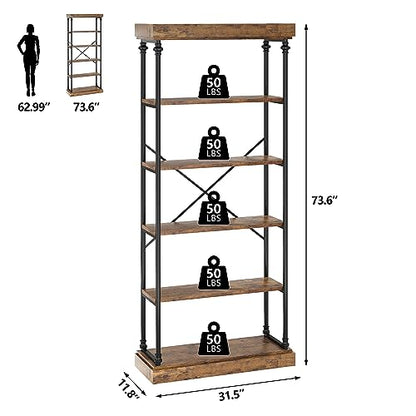 IDEALHOUSE Rustic 6-Tier Industrial Bookshelf with Metal Frame for Stylish Storage and Display - WoodArtSupply