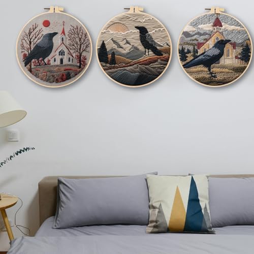 FONNUY Embroidery Kit, Featuring Crow and Landscape Patterns, Cross Stitch Kits for Both Adults and Beginners, Handmade Crafts Printed Pattern Set, Color Thread Needlework, 8'' Hoop (Fearless Bird)