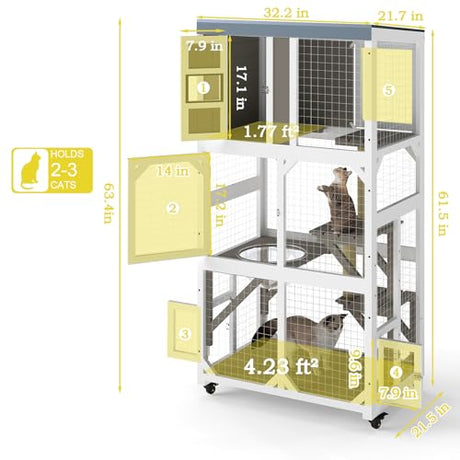 Mayugardening Catio Outdoor Cat Enclosure,Outdoor Cats House with 5 Platforms & Space Capsule,Wooden Cat Catio Cats Enclosure with Weatherproof Oxford Cloth Roof & 4 Wheels,Grey mayugardening