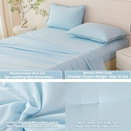 PERFEMET 5 Pieces Full Bed in A Bag Light Blue Pom Pom Bedding Set for Girls Boys Soft Fluffy Boho Solid Bedding Comforter Set with Sheets(Light Blue, Full) PERFEMET