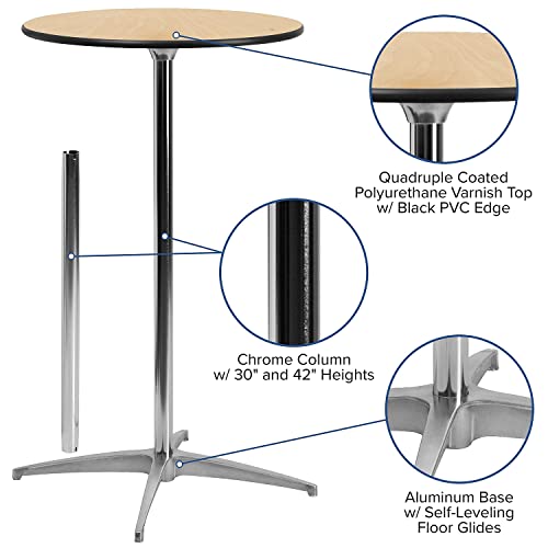 Adjustable 36'' Round Wood Cocktail Table with 30'' and 42'' Columns in Natural Finish - WoodArtSupply