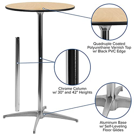 Adjustable 36'' Round Wood Cocktail Table with 30'' and 42'' Columns in Natural Finish Flash Furniture