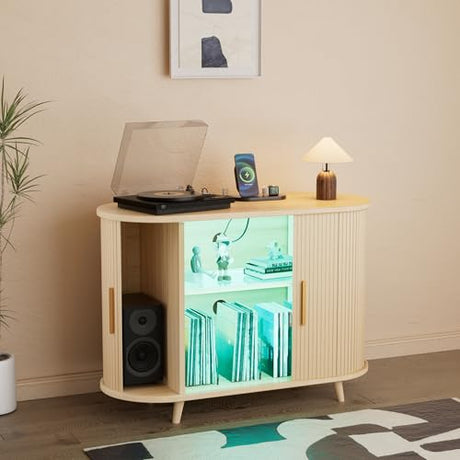 YKVIQBY 39" Record Player Stand with Vinyl Storage,Large Turntable Stand Holds up to 300+ Albums,Record Player Table,Stereo Cabinet with Open Storage,Charging Station & LED Lights,for Living Room,Oak YKVIQBY