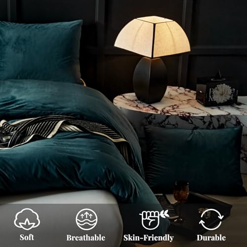 WARMDERN Peacock Blue Flannel Velvet Duvet Cover King Size Duvet Cover Bedding Sets, 3pcs Ultra Soft Luxury Textured Modern Crystal Velvet Duvet Covers with Zipper Closure(Peacock Blue, King) WARMDERN