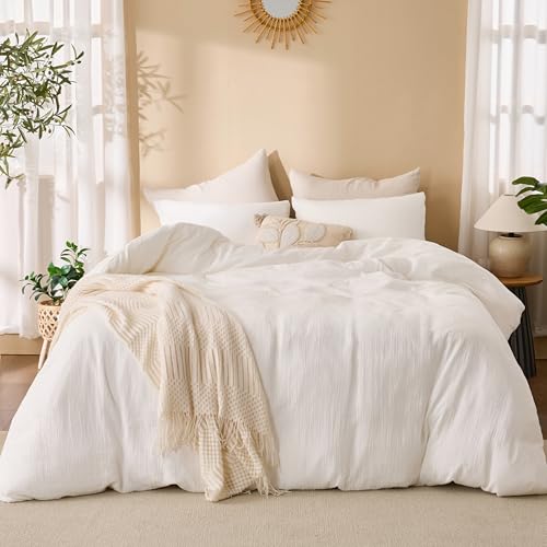 RENEWROOTS Off White Duvet Cover Queen Size, 100% Sandwashed Cotton Soft Queen Duvet Cover Set 3 Pieces with Zipper Clousre & Corner Buttons (Off White, Queen 90 x 90) RENEWROOTS