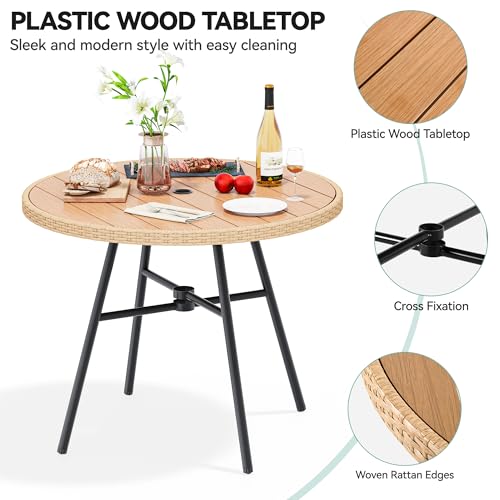 YITAHOME Round Patio 36.6'' Dining Wood Table for 4-Person w/1.96" Umbrella Hole, Rattan Wrapped Tabletop and Sturdy Iron Frame Perfect for Lawn Backyard Garden