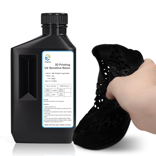 YOUSU Flexible Tough (Shore 80A) 3D Printer Resin,Soft Rubber/TPU Like 3D Printing Resin,High Elongation 405nm Fast UV-Curing Photopolymer Resin for LCD Printer,Black 1000g