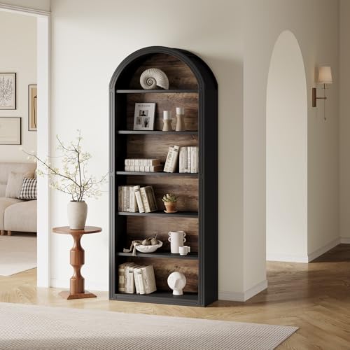 LITTLE TREE 6-Tier Bookcase, 77" Tall Bookshelf with Arched Top, Large Freestanding Wooden Open Bookcase Bookshelf, Modern Display Book Shelf for Living Room, Bedroom, Office, Library, Black Brown LITTLE TREE