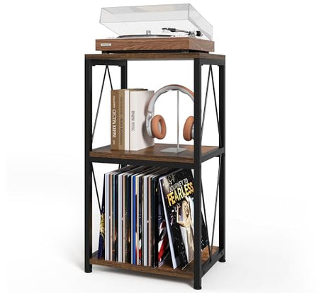 Y&M 3-Tier Vinyl Record Stand with Storage, Album Display Table for Bedroom, Living Room, Rustic Brown Y&M
