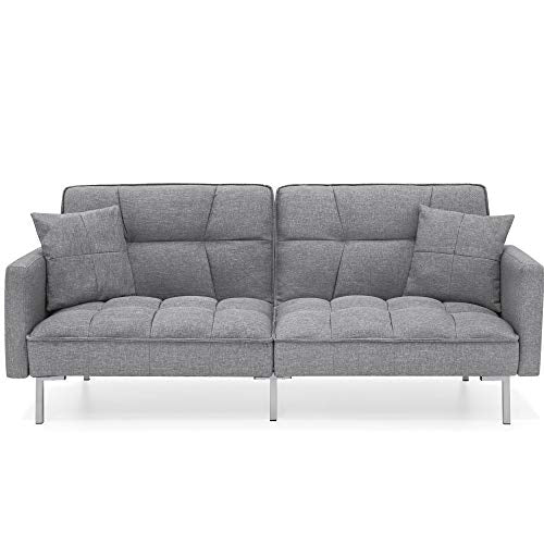 Best Choice Products Convertible Linen Fabric Tufted Split-Back Plush Futon Sofa Furniture for Living Room, Apartment, Bonus Room, Overnight Guests w/ 2 Pillows, Wood Frame, Metal Legs - Dark Gray Best Choice Products
