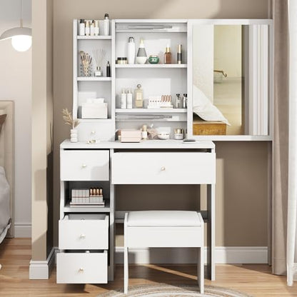 Elevon Small Makeup Vanity Desk with Sliding Mirror and Chair, Vanity Table with 5 Drawers & 4 Shelves Dressing Desk with No Light for Bedroom Furniture, White