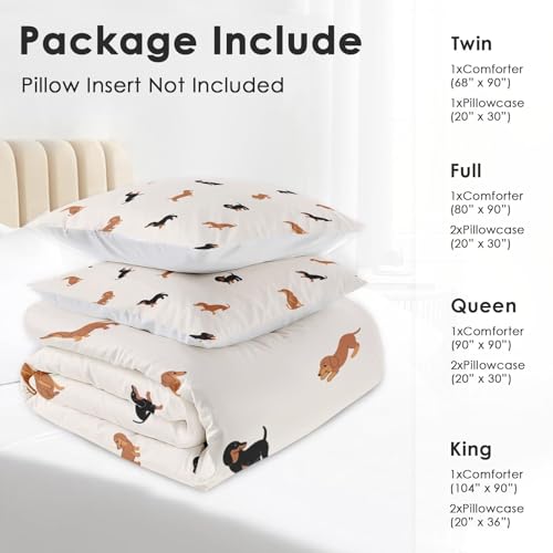 Zzzboro Comforter Set with 2 Pillowcases Queen Size, Cute Happy Dachshund Dog Puppy, Bedding Decor Cartoon Animal Pug Geometric Brown for Kids and Adults, Soft Cozy Bedroom Bed Set Zzzboro