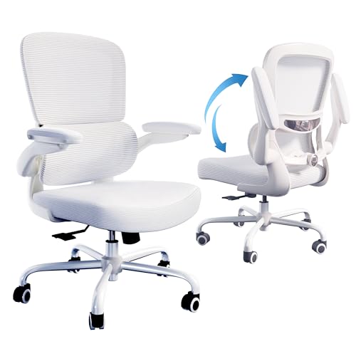 TRALT Ergonomic Office Chair - Desk Chair with Adjustable Lumbar Support Computer Chair - Mesh Comfy Chair with Flip-up Armrests - Gaming Chairs for Adults Home Office (Leather, White) TRALT