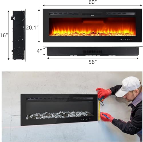Zstar 60" Electric Fireplace Recessed and Wall Mounted with Remote Control, 750-1500W Fireplace Heater with Timer, Thermostat, Low Noise, Adjustable Flame Color, Speed & Brightness, Log & Crystals Zstar