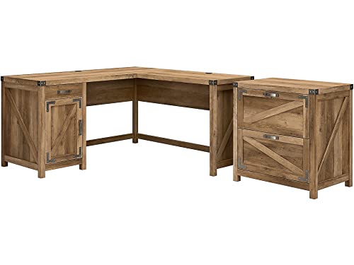 Bush Furniture Cottage Grove L Shaped Desk with 2 Drawer Lateral File Cabinet, 60W, Reclaimed Pine - WoodArtSupply