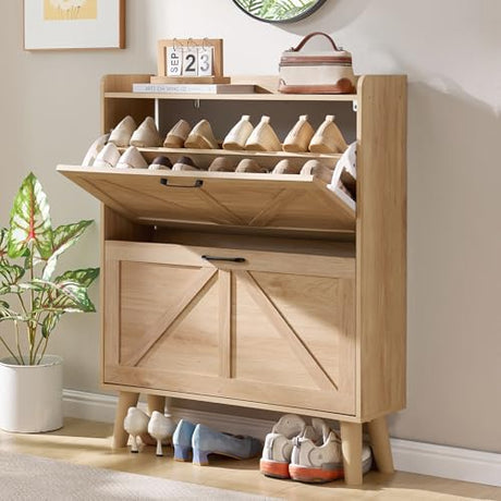 LEYAOYAO Shoe Storage Cabinet with 2 Flip Drawers，Narrow Shoe Storage Cabinet Organizer with Legs for Entryway Hallway, Living Room, Bedroom，Hidden Slim Storage Narrow Shoe Rack Cabinet,Natural LEYAOYAO