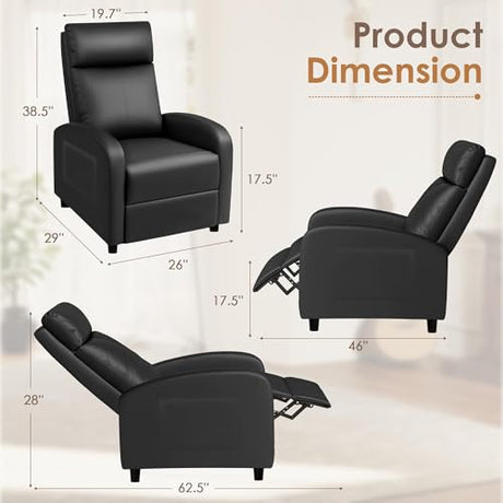 Rankok Recliner Chair Modern PU Leather Reclining Chair Ergonomic Adjustable Recliner for Living Room Home Theater Seating Single Sofa (Black) Rankok