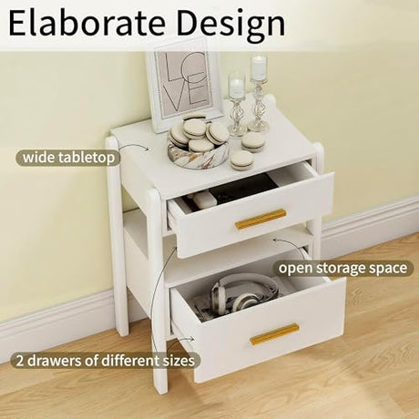 Tltaroni Nightstand with 2 Drawers and Open Shelf Wooden Bedside Table Gold Handles Modern Storage Night Stand Sensor Light for Bedroom, White Tltaroni
