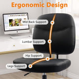 CLATINA Armless Home Office Chair, Small PU Leather Ergonomic Low Back Desk Chair with Lumbar Support and Wheels, Adjustable Height 360° Swivel Rolling Computer Task Chair, Black CLATINA