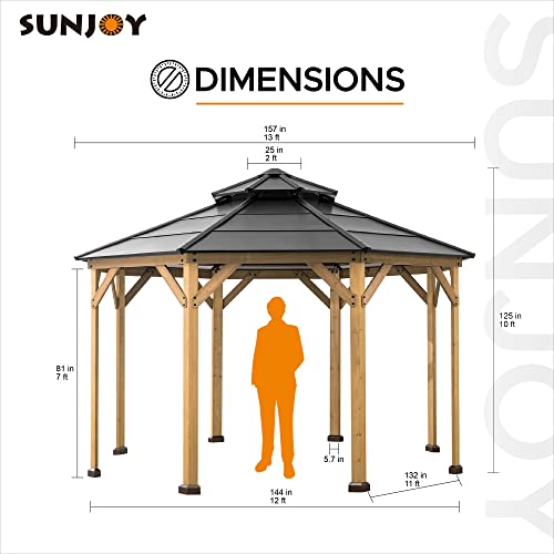 Sunjoy Allentown Collection 13 ft. x 13 ft. Cedar Framed Octagon Wood Gazebo with Steel 2-Tier Hardtop Roof, Black - WoodArtSupply