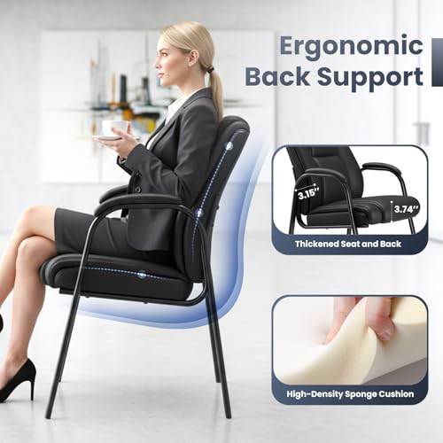 MALOL Office Guest Chair with Armrest, PU Leather Reception Chair for Office & Waiting Room, 250LBS, One-Piece Welded Steel Frame, Sponge Cushion for Long Sitting Comfort – Black,Set of 4