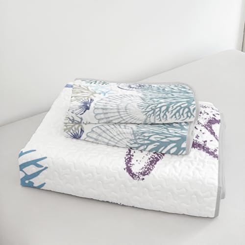 OUIXOTIC 3pcs King Size Coastal Quilt Set - Beach Bedding for Summer! Lightweight, Reversible Nautical Bedspread Comforter with Pillow Shams, Soft Microfiber - Ocean Vibes Inside! OUIXOTIC