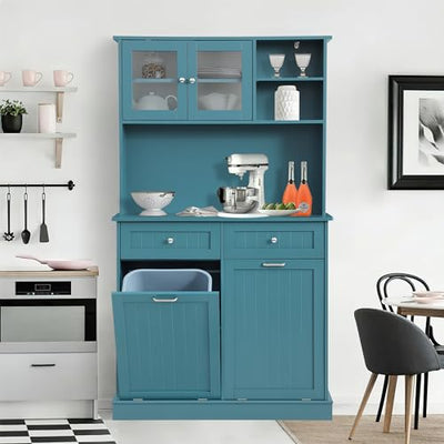 LOUVIXA Kitchen Pantry Storage Cabinet, Microwave Cabinet with Tilt Out Trash Cabinet, Freestanding Kitchen Hutch,Tall Pantry Cabinet Cupboard (Blue)