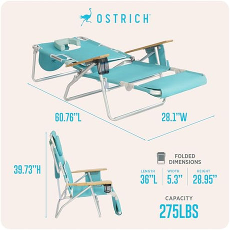 Ostrich the Deluxe 3N1 Lightweight Lawn Beach Reclining Lounge Chair with Footrest, Outdoor Furniture for Patio, Balcony, Backyard, or Porch, Aqua Ostrich