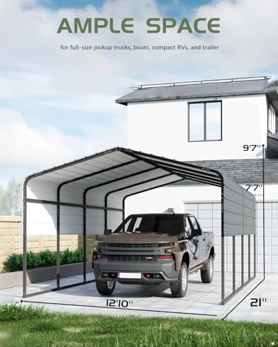 PeakPursuit Metal Carport, 13x20 FT Outdoor Car Port Canopy with Galvanized Steel Roof and Reinforced Base, Heavy Duty Garage Car Shelter Shade for SUV, Truck, Boats PeakPursuit
