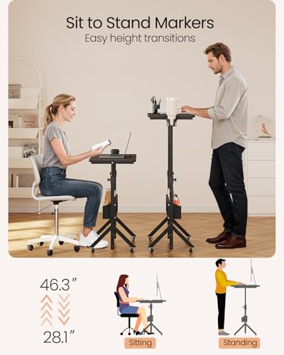 ErGear Mobile Standing Desk with Wheels, Adjustable Height 28.3″ to 46.3″, Rolling Laptop Cart with Cup Holder, Storage Basket, Computer & Pen Slot, Home Office Stand Up Desk, Black (31.5″ x 15.75″) ErGear
