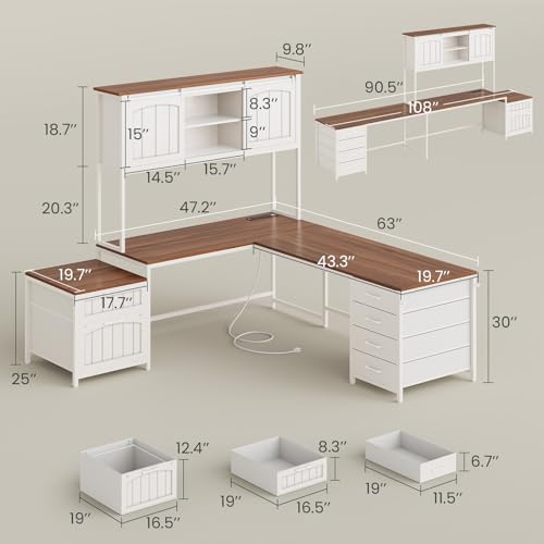 SEDETA Farmhouse L Shaped Office Desk with 6 Drawer, Reversible Computer Desk with Power Outlet, Hutch for Home Office/Two Person, Corner Desk with File Drawer & Printer Storage Shelves, White SEDETA