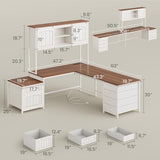 SEDETA Farmhouse L Shaped Office Desk with 6 Drawer, Reversible Computer Desk with Power Outlet, Hutch for Home Office/Two Person, Corner Desk with File Drawer & Printer Storage Shelves, White SEDETA
