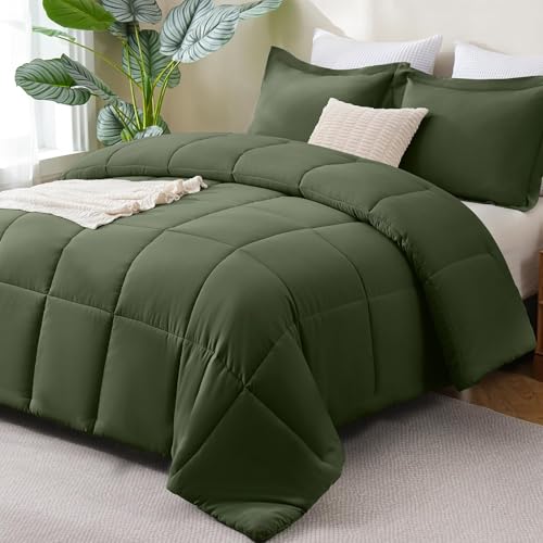 CozyLux Full Size Comforter Sets - Olive Green Comforter Full Size, 3 Pieces Box Stitched Bed Set for All Seasons, Soft Lightweight Bedding Sets with 1 Down Alternative Comforter and 2 Pillow Shams CozyLux