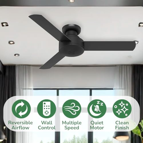 Hunter Fan 52401 Presto 44-Inch Low Profile Ceiling Fan with Wall Control, Whisper-Quiet Motor, 3-Speed Reversible Airflow, Matte Black Finish, Flush Mount Hunter