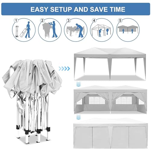 DOINUO 10x20 White Pop Up Canopy Outdoor Party Tent with 6 Sidewalls, Wedding Party Tent Outdoor Waterproof UV50 Canopy Event Shelter Tents for Parties, 6 pcs Weight Bag,Carry Bag DOINUO