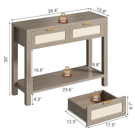 YUUIJOAA Boho Chic Console Table with 2 Rattan Drawers and Open Shelf Storage, Narrow Farmhouse Sofa Table for Small Space Entryway, Living Room,Hallway, Caramel Oak YUUIJOAA