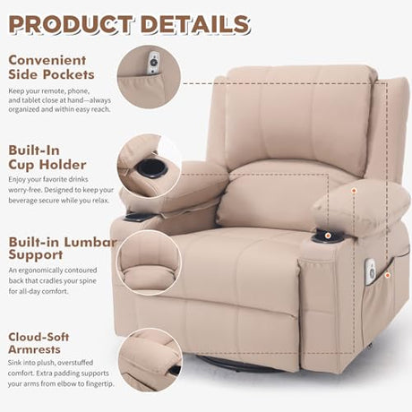 Comermax Faux Leather Swivel Rocker Recliner with Heat and Massage Cup Holders, Overstuffed Rocking Glider Chair Heated Massaging Reclining Chair,Beige Comermax