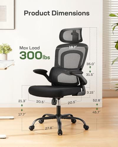 Marsail Office Chair Ergonomic-Desk Chair: High Back Mesh Office Chair with Lumbar Support,Flip-Up Armrests&2D Headrest,Gaming Chair with Rocking Tilt, Swivel Computer Task Chair for Long Hours Marsail