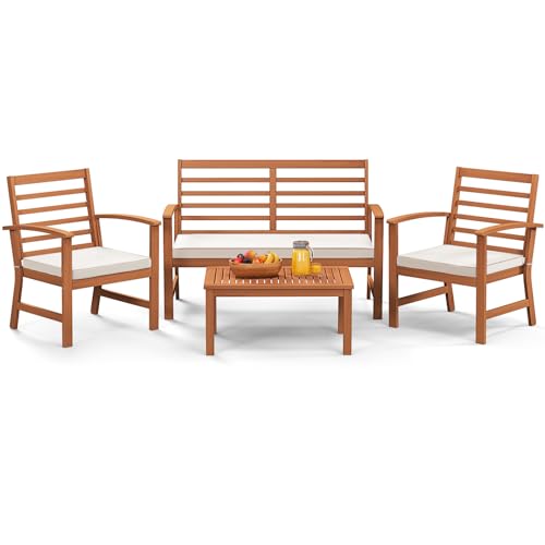 Tangkula 4 Pieces Outdoor Furniture Set, Acacia Wood Conversation Set w/Soft Seat Cushions, Stable Acacia Wood Frame, Patio Sofa & Coffee Table Set for Backyard, Porch, Poolside (White) Tangkula