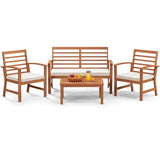 Tangkula 4 Pieces Outdoor Furniture Set, Acacia Wood Conversation Set w/Soft Seat Cushions, Stable Acacia Wood Frame, Patio Sofa & Coffee Table Set for Backyard, Porch, Poolside (White) Tangkula