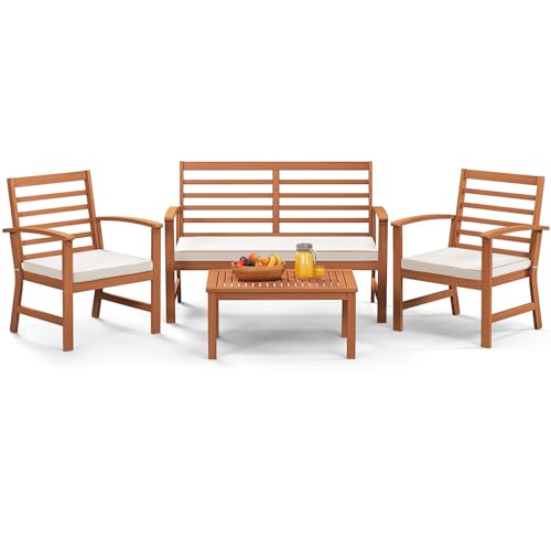 Tangkula 4 Pieces Outdoor Furniture Set, Acacia Wood Conversation Set w/Soft Seat Cushions, Stable Acacia Wood Frame, Patio Sofa & Coffee Table Set for Backyard, Porch, Poolside (White) - WoodArtSupply