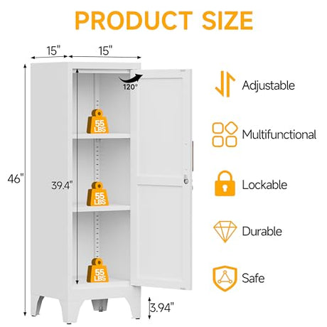 46"H White Metal Locker with 1 Lockable Door and 2 Adjustable Shelves For Employees,3 Tier Small Storage Cabinet with Detachable Legs and Vintage Handle for Kitchen, Office,School,Gym,Easy Assembly Firstsky