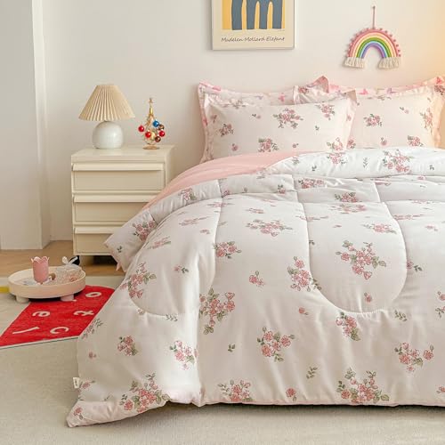 Joyreap Twin Size Comforter Set for Girls, Floral Pink n White Design, 3pcs Microfiber Princess Bedding Comforter Set for All Season- 68x88 inches Joyreap