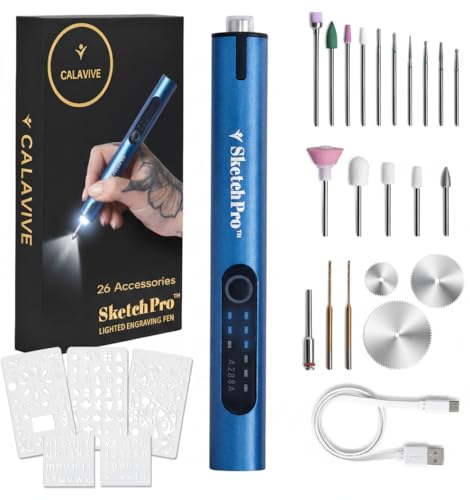 SketchPro Cordless Engraving Pen with LED Light – 3-Speed Precision Etching Tool for Wood, Metal, Glass & Plastic – USB-C Rechargeable, 26 Accessories – Ideal for DIY, Jewelry & Craft Projects Calavive