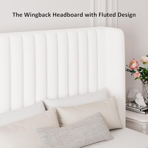 GalnFu Full Size Lift Up Storage Bed, Upholstered Velvet Platform Bed Frame with Wingback Headboard, Hydraulic System, Solid Wooden Slats Support, No Box Spring Needed, Easy Assembly, White GalnFu