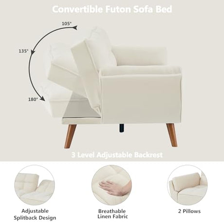 Betoko Convertible Futon Sofa Bed Sleeper Twin Size, Modern Reclining Linen Split Back Sofa Couch with Pillow Top Arm for Compact Living Room,Apartment (Beige) Betoko