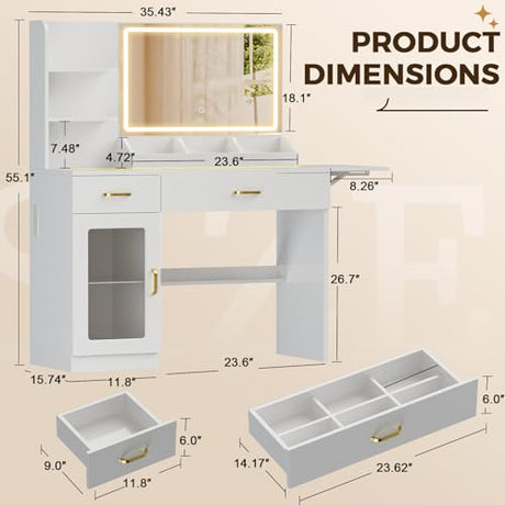 COMHOMA Vanity Desk with Mirror and Lights, Makeup Vanity with 3-Color LED, Transparent Top and RGB Drawers, White Desk with Open Shelves and Glass Cabinet, Built-in Power Outlet & Foldable Tabletop COMHOMA