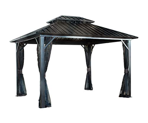 Sojag 12' x 12' Genova II Hardtop Gazebo Outdoor Weather-Resistant Aluminum Frame Shelter with Mosquito Net Black,Brown - WoodArtSupply