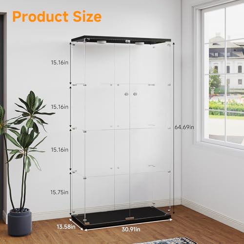 Zevemomo Tempered Glass Display Cabinet with Lights, 4-Tier Curio Cabinet with Glass Doors and Lock, Glass Display Case for Collectibles, for Living Room, Bedroom, Office, Black, Double Door Zevemomo