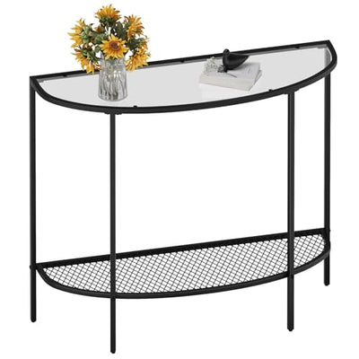 SAYGOER Glass Half Moon Console Table 2 Tier Narrow Entryway Table with Black Metal Frames, Modern Couch Table Small Entry Way Tables, Easy Assembly, Clear Glass